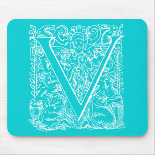 Vintag Letter V Monogram Aqua Aquamarin Neon Blue  Mousepad