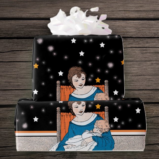 Vintag liebende Mutter betritt Muttertag Geschenkpapier (Loving mother holding baby in chair orange white stars on mother's day gift wrapping paper roll.)