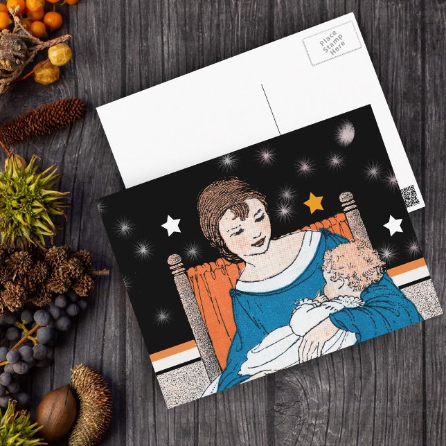 Vintag liebende Mutter betritt Muttertag Postkarte (Loving mother holding her baby in chair orange white stars on Mother's Day post card.)