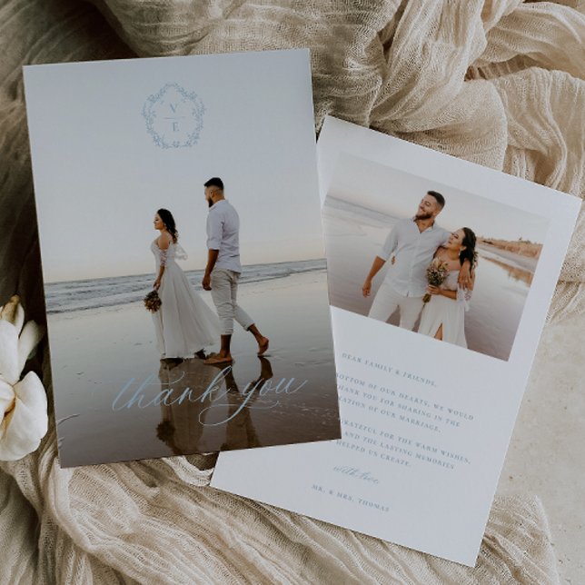 Vintag Light Blue Monogram Wappen Wedding Foto Dankeskarte (Von Creator hochgeladen)