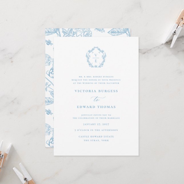 Vintag Light Sky Blue Wappen Monogram Wedding Einladung (Vorderseite/Rückseite Beispiel)