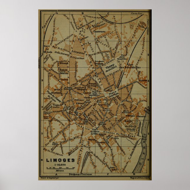 Vintag Limoges Frankreich Karte (1895) Poster (Vorne)