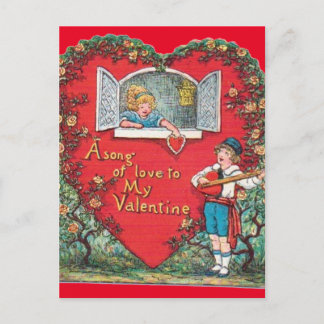 Vintag Little Boy Serenades Little Girl Valentine Postkarte