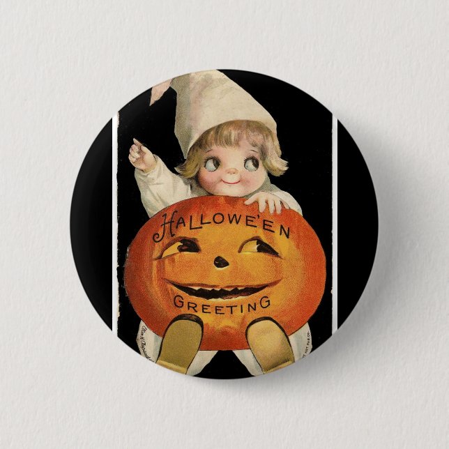 Vintag Little Girl Big Halloween Pumpkin Round Button (Vorderseite)
