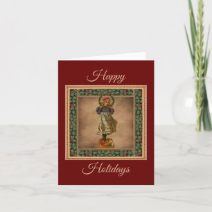 Vintag Little Girl & Holly Wreath Weihnachtskarte Feiertagskarte