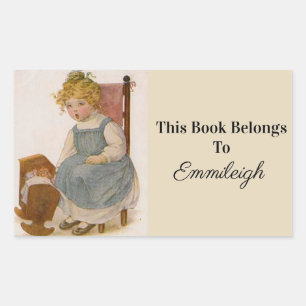 Vintag Little Girl mit Doll Buchzeichen Rechteckiger Aufkleber