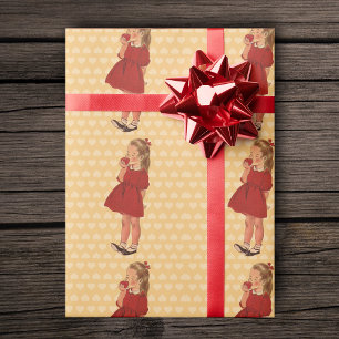 Vintag Little Girl Red Dress Apple Geschenkpapier
