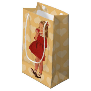Vintag Little Girl Red Dress Apple Kleine Geschenktüte