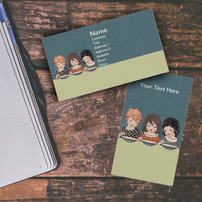 Vintag Little Girls Eating Soul Drei Schwestern Visitenkarte (Three little girls, blond, black hair and brown hair sitting at table eating soup on business cards.)