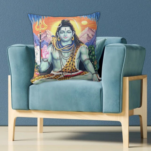 Vintag Lord Shiva Spiritual - Friedlich Samadhi Kissen (Vintage Lord Shiva with Trilusha Colorful Pillow on Aqua Chair, Hindu Diety)