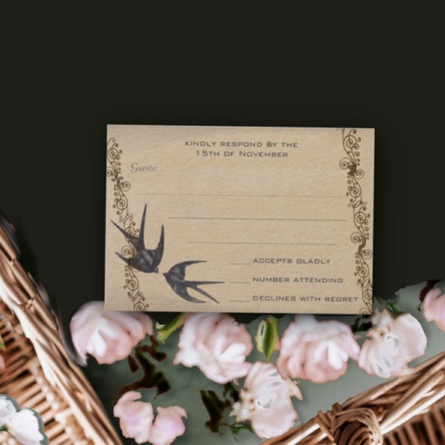 Vintag Love Bird Navy Wedding RSVP Karte (Von Creator hochgeladen)