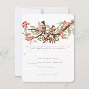 Vintag Love Bird Pink Floral Wedding RSVP Karte