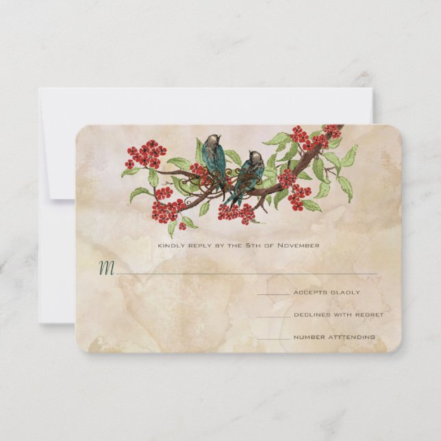 Vintag Love Birds Tea Stain Wedding RSVP (Vorderseite)