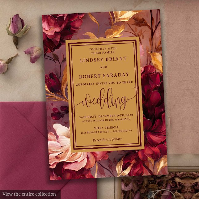 Vintag Luxus Marsala Gold Blume Hochzeit Einladung (Vintage Luxury Marsala Gold Flowers Wedding Invitation)
