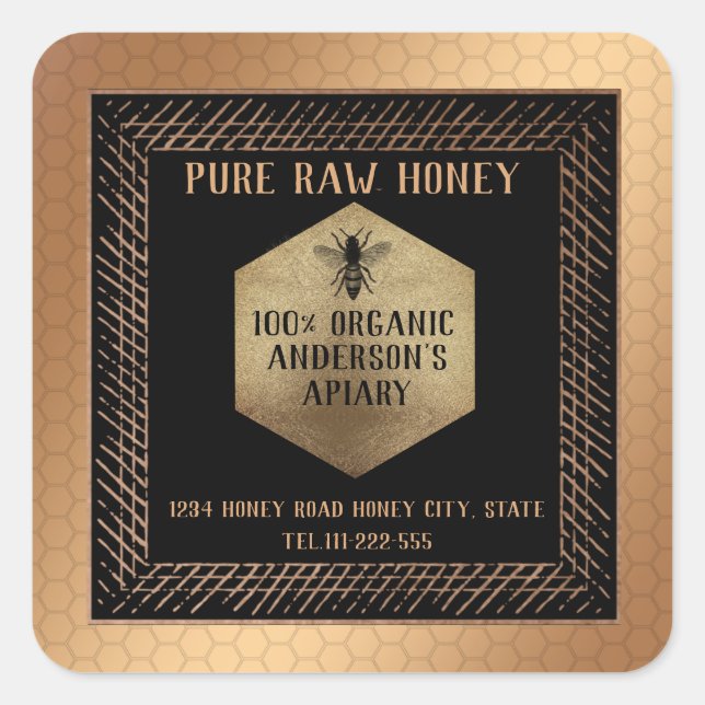 Vintag Luxus Rose Gold Honigbiene Logo Quadratischer Aufkleber (Vorderseite)