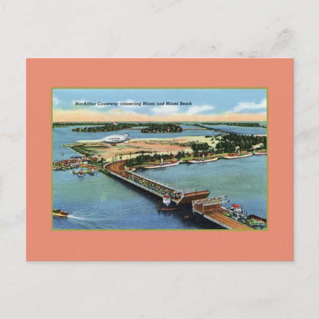 Vintag MacArthur Causeway Miami und Miami Beach Postkarte (Vorderseite)