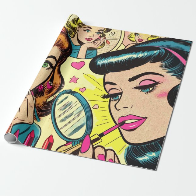 Vintag Makeup Girls Comic Geschenkpapier (Ungerollt)