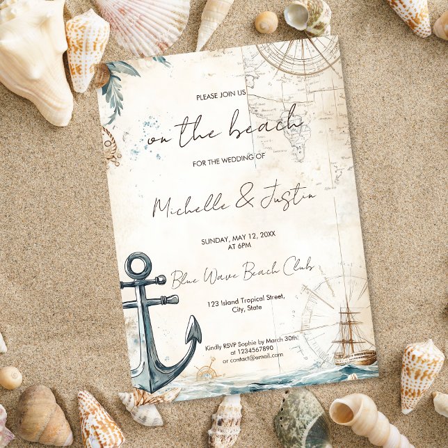 Vintag Map Beach Tropical Island Wedding Einladung (coastal vintage map wedding invitation)