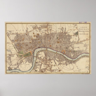 Vintag Map of London England (1807) Poster