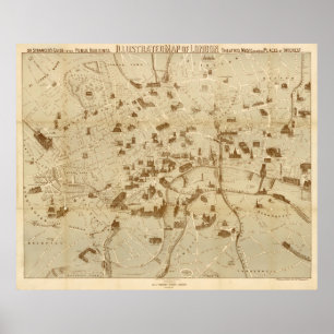 Vintag Map of London England Monuments (1877) Poster