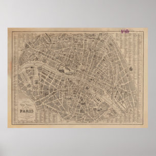 Vintag Map of Paris France (1854) Poster