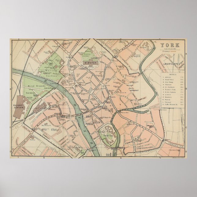 Vintag Map of York England (1890) Poster (Vorne)