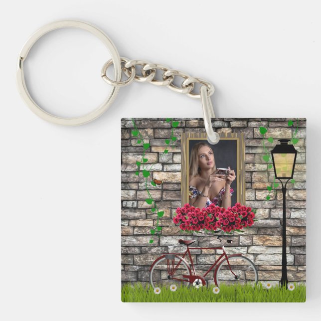 Vintag Märchenhof Fahrrad Rose Girly Foto Rahmen Schlüsselanhänger (Vorderseite)