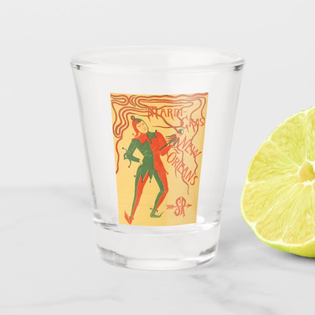 Vintag Mardi Gras jester Farbdarstellung Schnapsglas (Vorderseite)