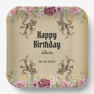 Vintag Maroon Gold Blume Parchment Geburtstag Pappteller