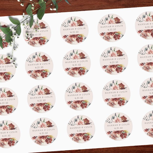 Vintag Marsala Blush Pewter Floral Runder Aufkleber (Von Creator hochgeladen)