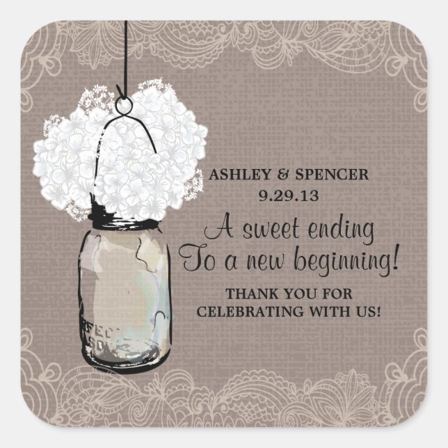 Vintag Mason Jar und Hydrangeas Quadratischer Aufkleber (Vorderseite)