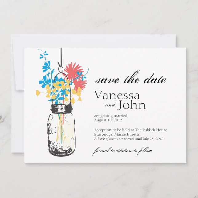 Vintag Mason Jar & Wild Blume Save the Date (Vorderseite)