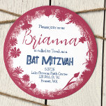Vintag Mauve Pink, Navy Blue Bat Mitzvah Rustikal Einladung<br><div class="desc">Dieses einzigartige runde Design mit lila rosa wilden Blume ist mit einem marineblauen Blumenmuster auf der Rückseite attraktiv. Verändern Sie den Text einfach und übertragen Sie dieses Design auf Etiketten und Zeichen. Dieser Rosa-Schatten ist vielseitig einsetzbar für die Farbgestaltung Rosa, Rose Rosa oder Heather Lila. Ein niedlich rosa Blumendesign für...</div>