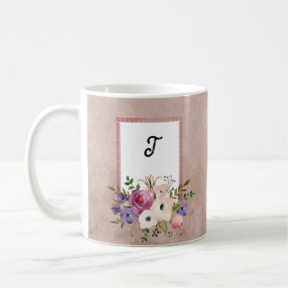 Vintag Mauve Watercolor Floral Initial Kaffeetasse
