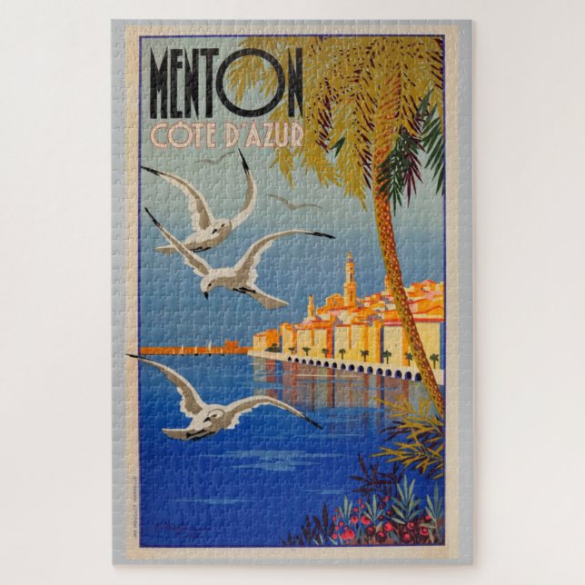 Vintag Menton CoTe D'azur Illustration Art Puzzle (Vertikal)