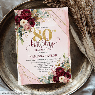 Vintag Merlot Blush Gold Blume 80. Geburtstag Einladung