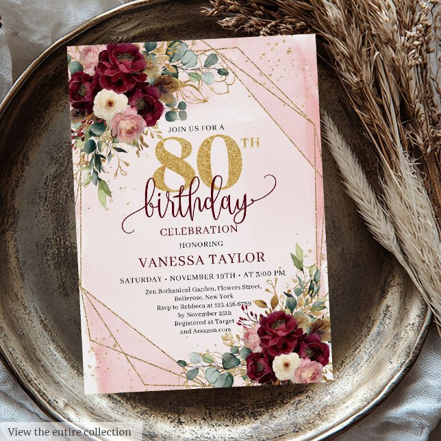 Vintag Merlot Blush Gold Blume 80. Geburtstag Einladung (Vintage Merlot Blush Gold Flowers 80th Birthday Invitation)
