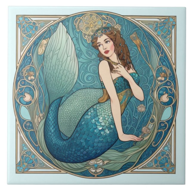 Vintag Mermaid Art Nouveau Retro Deko Aquamarin Fliese (Vorderseite)