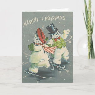 Vintag Merrie Christmas Snowman Couple Feiertagskarte