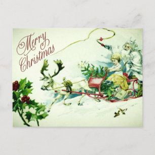 Vintag Merry Christmas Santa Sleigh Reindeer Postkarte