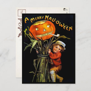 Vintag Merry Halloween Pumpkin Girl Postcard Postkarte