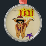 Vintag Miami Beach Ornament Aus Metall<br><div class="desc">Vintage Miami Tourismus Werbung - Flugzeug,  Frau am Strand,  Sonne und Sand</div>