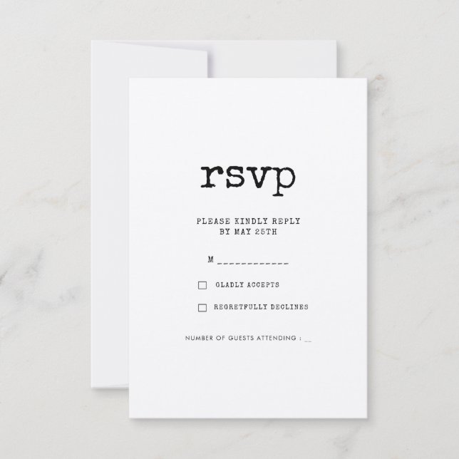 Vintag-minimalistische Schreibmaschinenhochzeit RSVP Karte (Vorderseite)