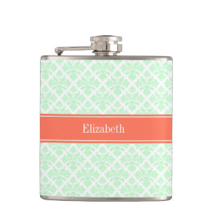 Vintag Minze White Damask #3 Korallenname Monogram Flachmann