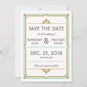 Vintag Moderne Art Deco Mint & Gold Hochzeit Save The Date