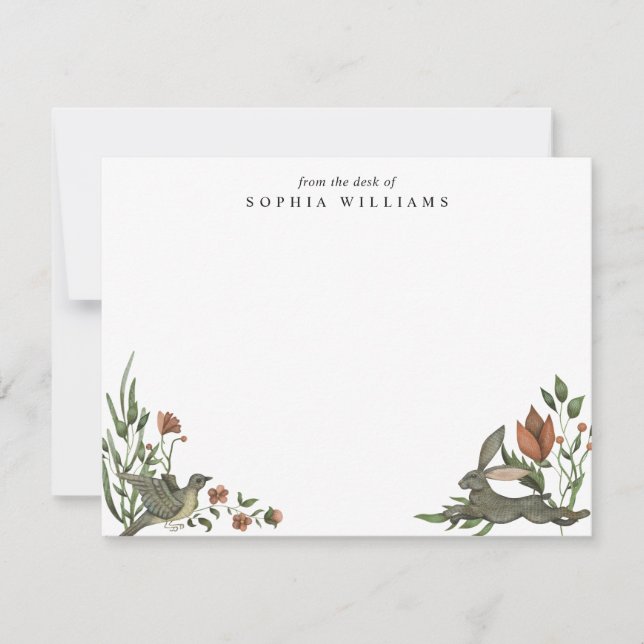 Vintag Moderner Blumengarten Grünpflanzen Rabbit B Mitteilungskarte (Vorderseite)