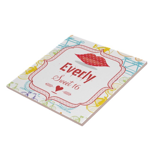 Vintag Modernes Fahrrad 16 . GEBURTSTAG DOT LIPS Fliese (Seite)