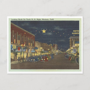 Vintag Modesto, kalifornische Straßenszene nachts Postkarte