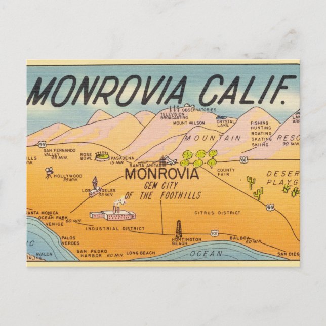 Vintag Monrovia Kalifornien Postkarte (Vorderseite)