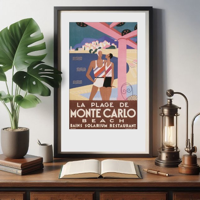 Vintag Monte Carlo Beach Travel Poster (Vintage Monte Carlo beach travel poster in situ.)
